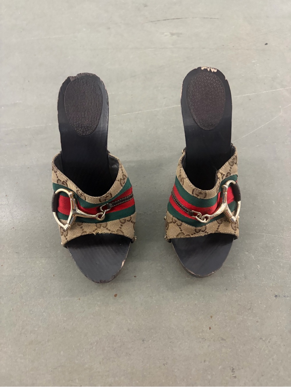 Gucci Tan Canvas Mules with Red & Green Stripe and Gold Horsebit